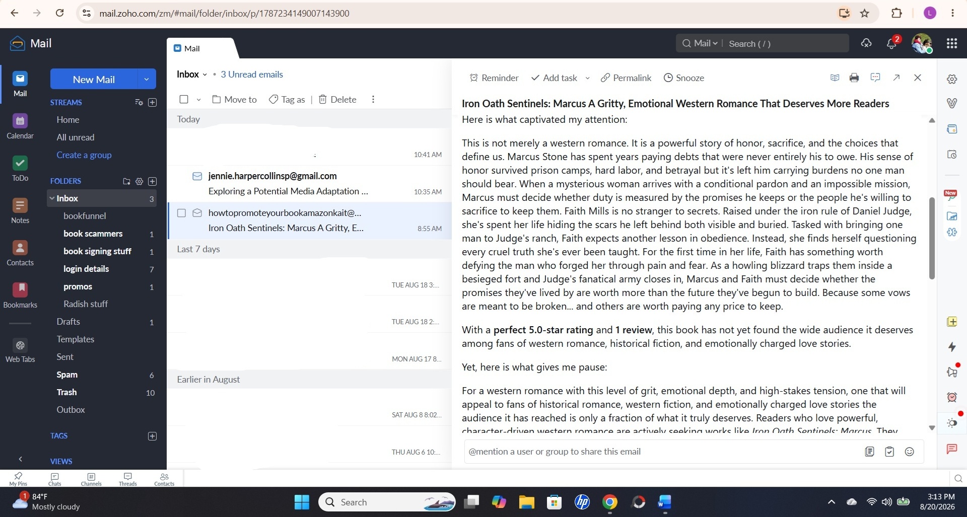 Screenshot of Kait's marketing pitch and list of promised services