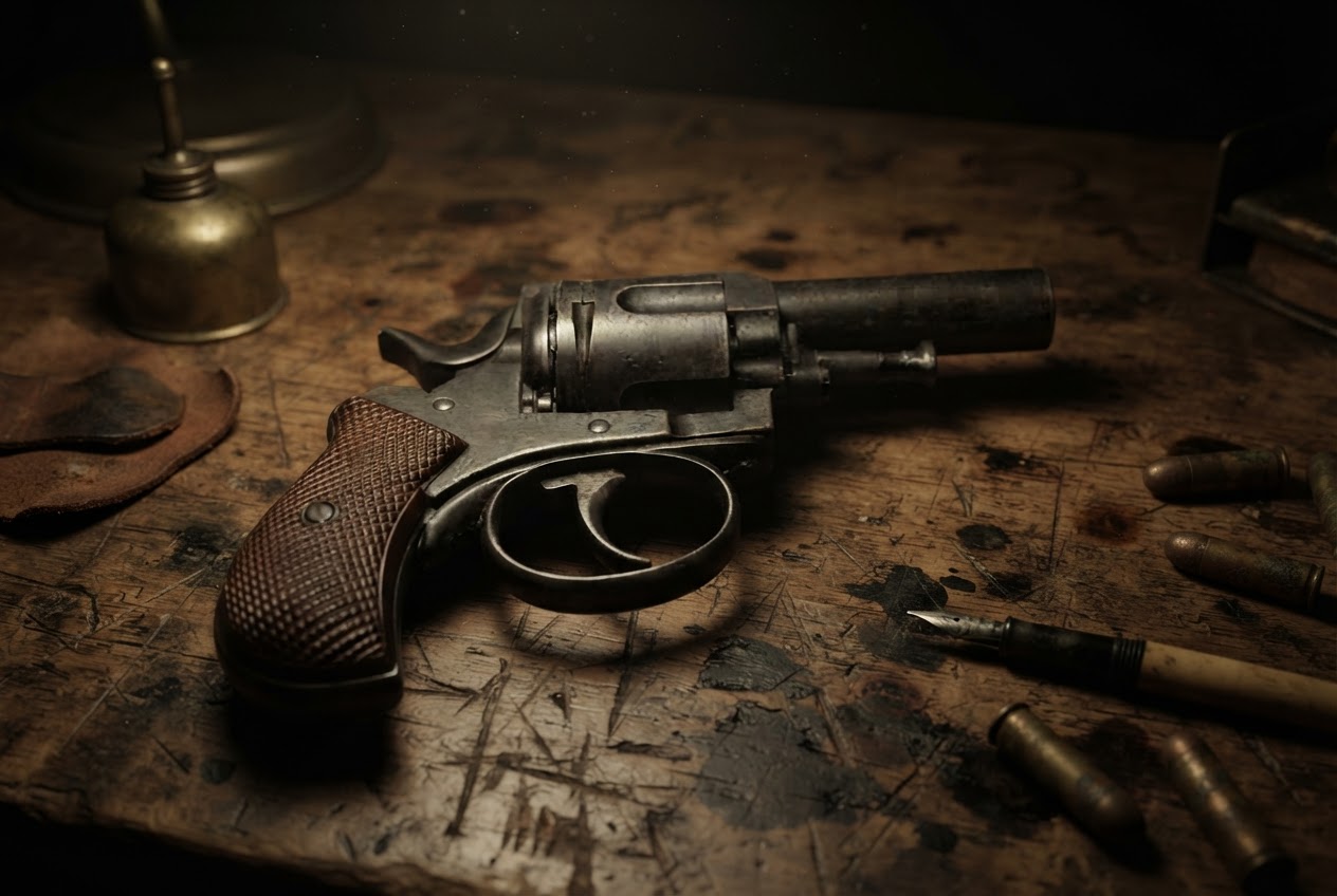 A compact Webley British Bulldog revolver resting on a worn wooden workbench with scattered cartridges and an ink pen