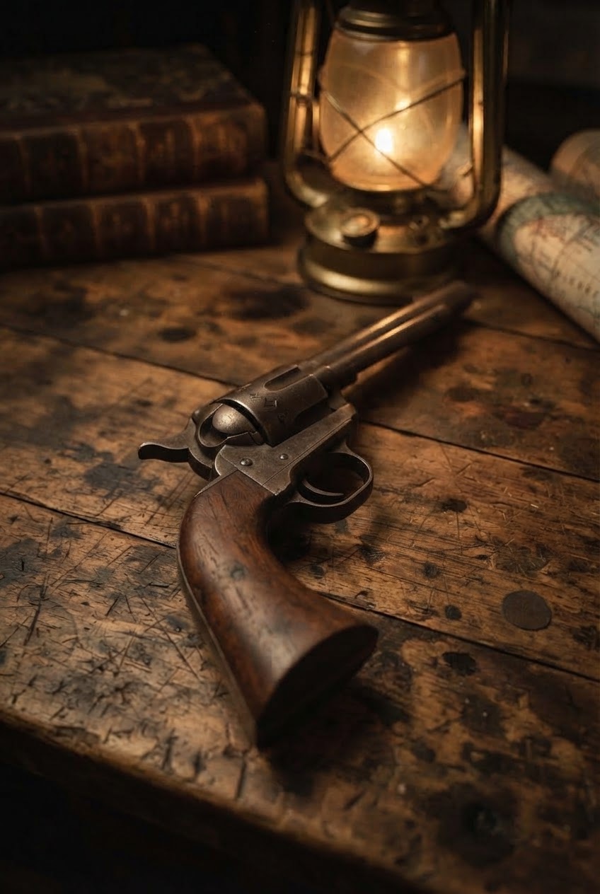 A Colt Single Action Army revolver on a worn wooden table beside a lantern and old books