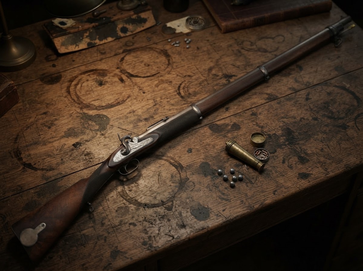 A vintage Whitworth rifle with hexagonal bore lying on a weathered wooden workbench with bullets and caps nearby