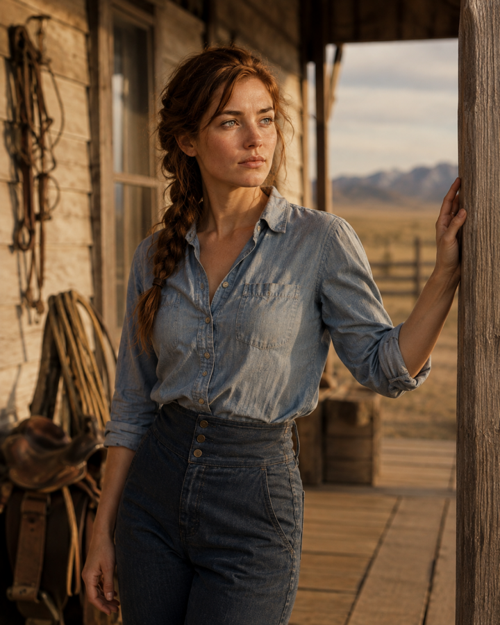 Rachel Leonard, a red-haired Wyoming ranch woman in denim and chambray, standing on the porch of the Lazy L Ranch