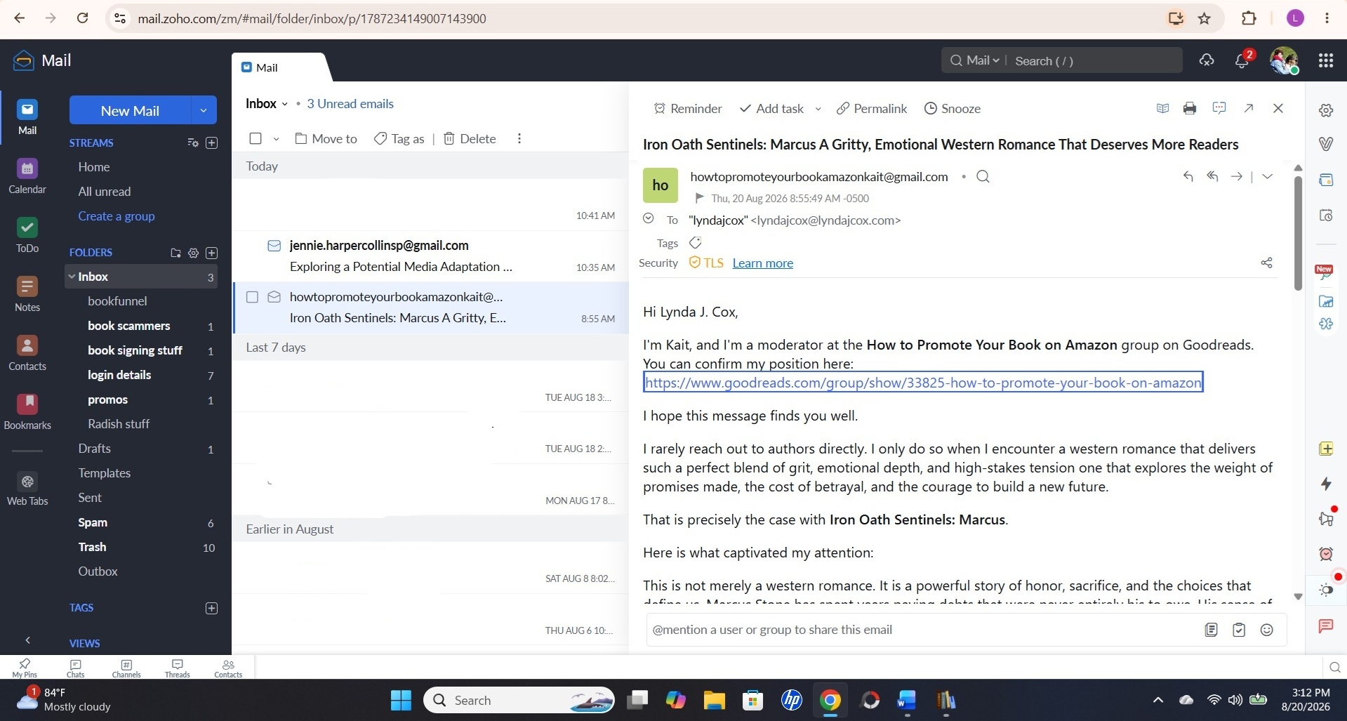 Screenshot of Kait's email opening, identifying herself as a Goodreads moderator