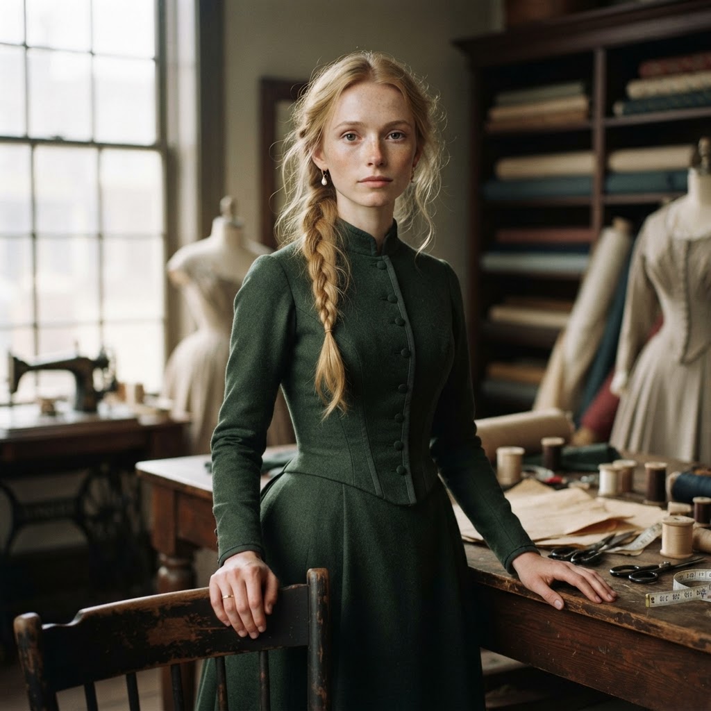 Shannon McKenzie, a blonde woman in a green Victorian dress, standing in a dressmaker's shop with fabric and a sewing machine behind her