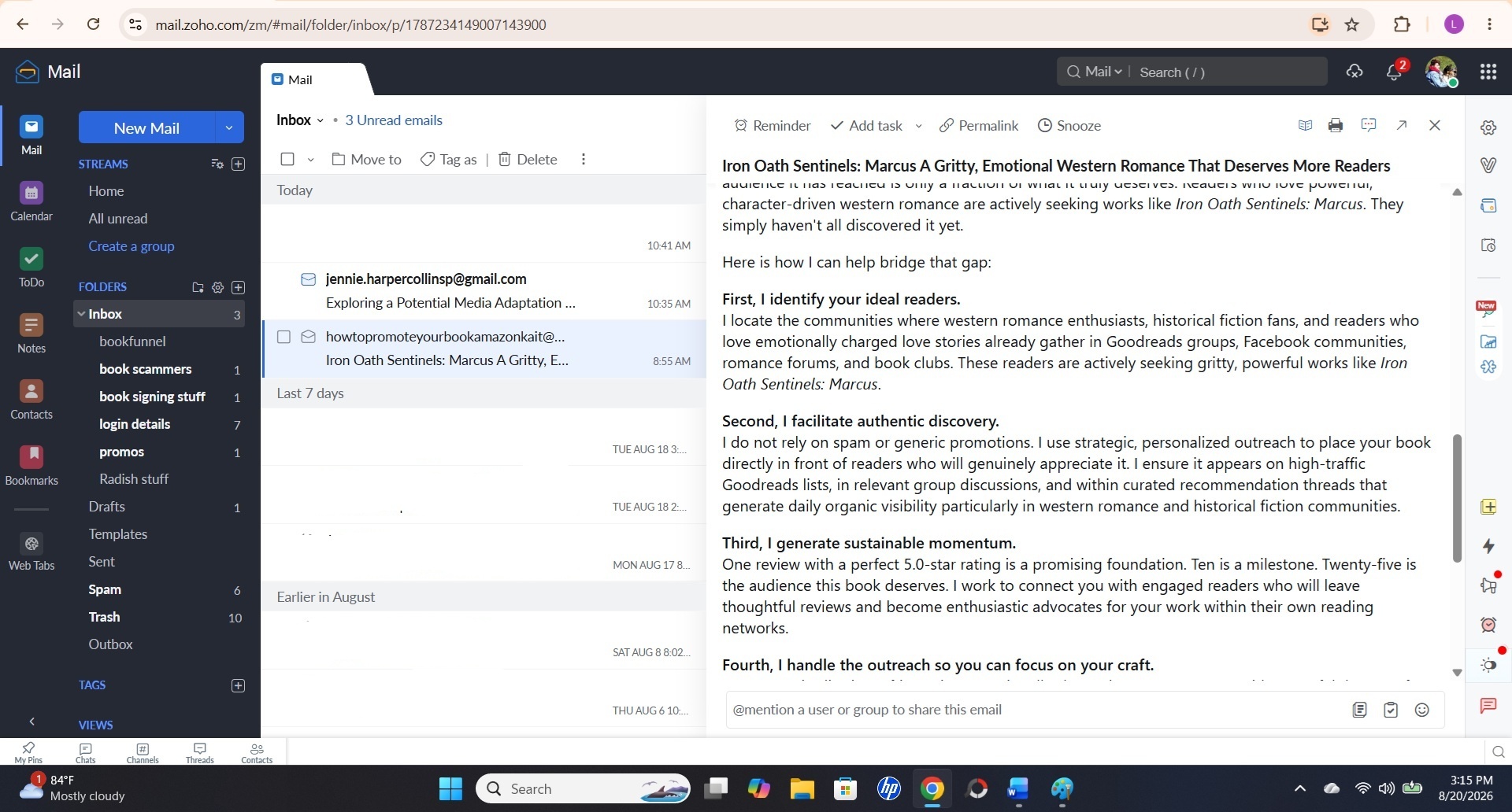 Screenshot of the credential section and Goodreads group link in Kait's email