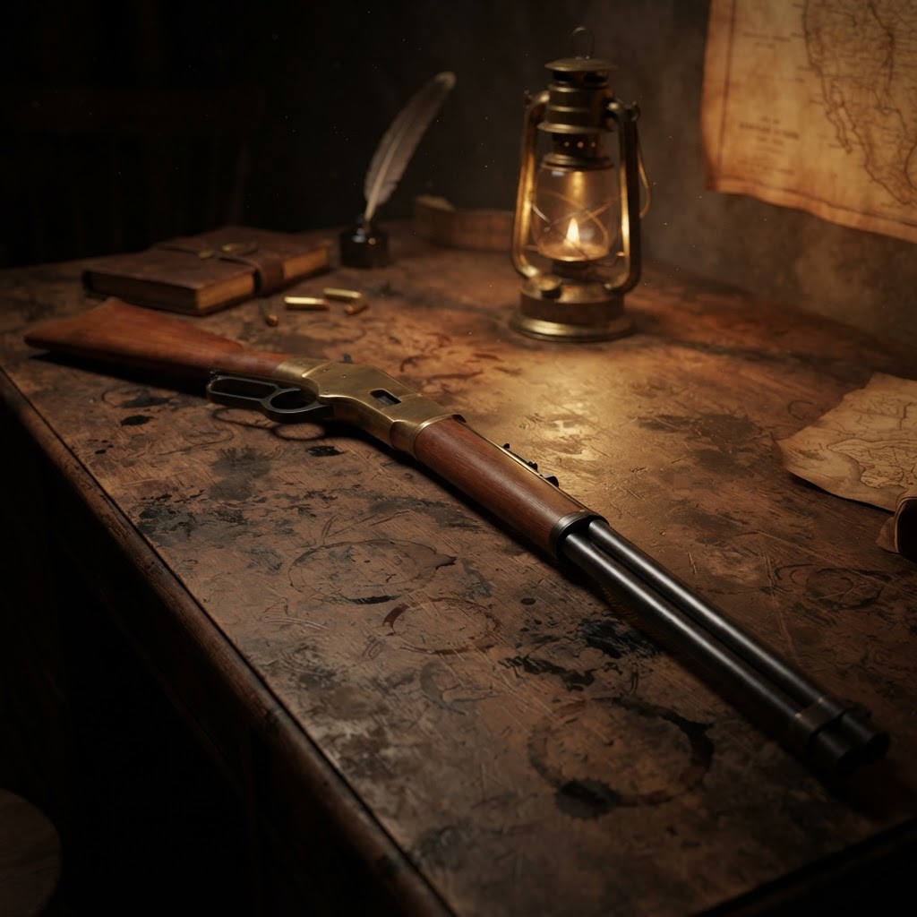 A Winchester 1866 Yellow Boy lever-action rifle with a brass receiver resting on a worn wooden table beside a lit kerosene lantern, old maps, and scattered cartridges