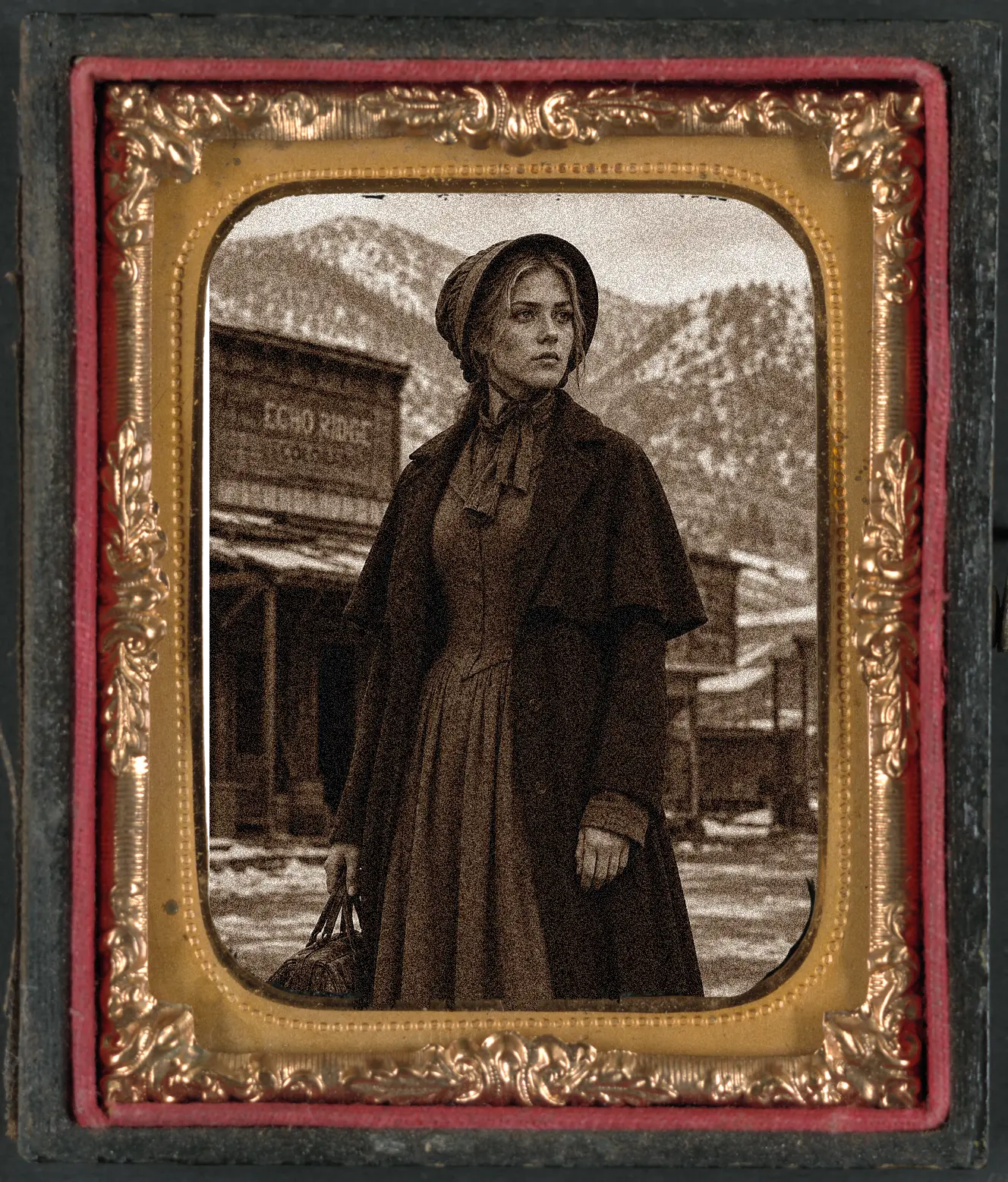 Constance Gwynn, known as Eleanor Hayes, in a framed frontier portrait