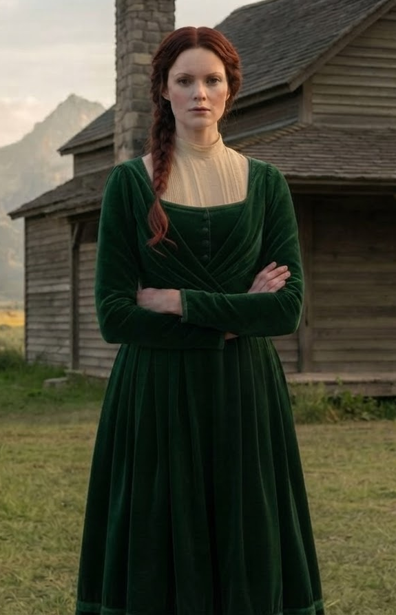 Faith Mills standing before a frontier ranch house