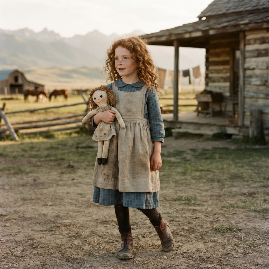 Rachel Anne, a young red-haired girl in a blue dress and apron, holding a rag doll outside a rustic ranch cabin