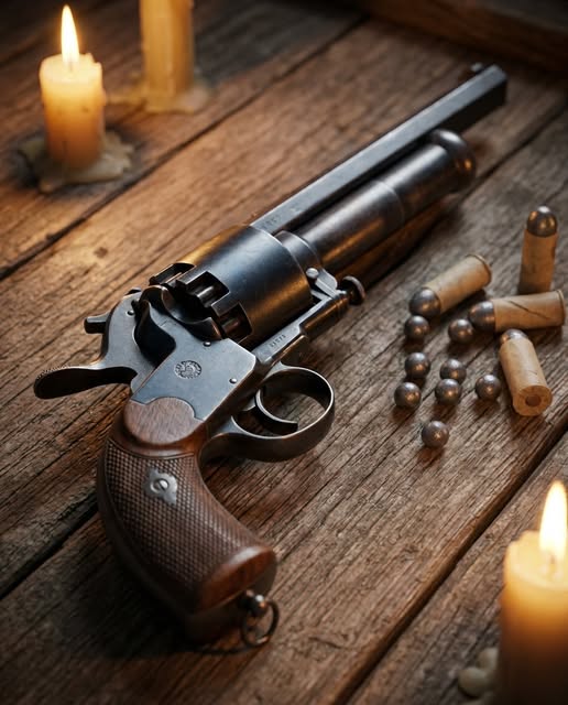 A LeMat revolver resting on a wooden plank surface beside scattered cartridges and candles