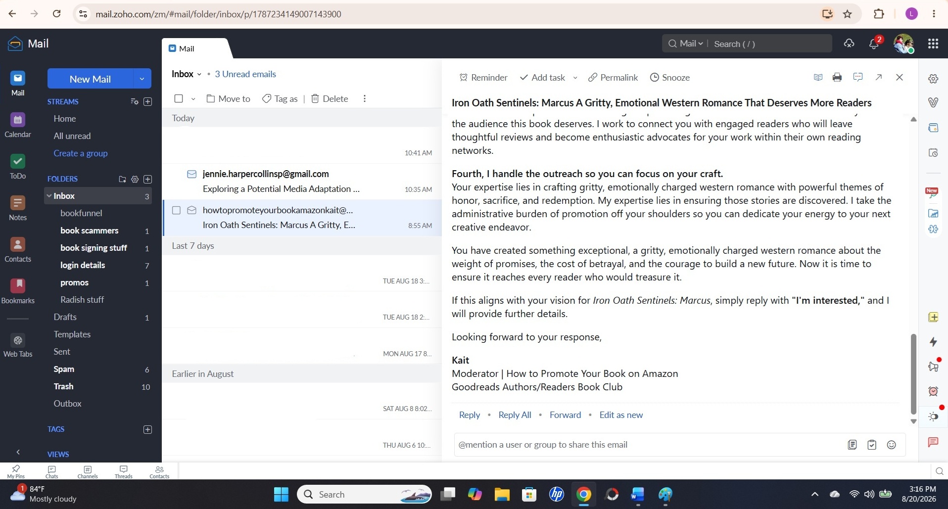 Screenshot of the closing section of Kait's email promising reviews and audience growth