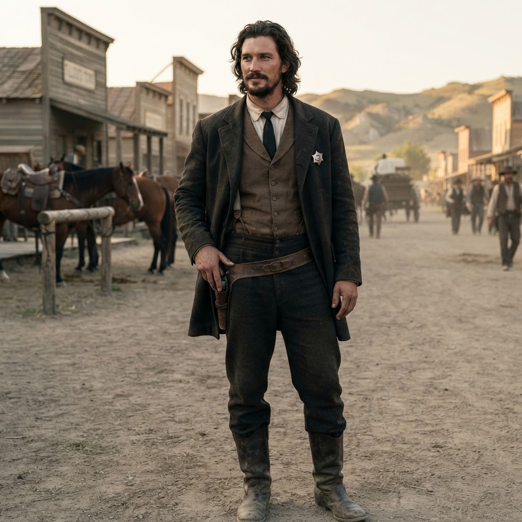 Marshal Joshua Taylor standing in a dusty Western street, wearing a dark coat, vest, and badge.