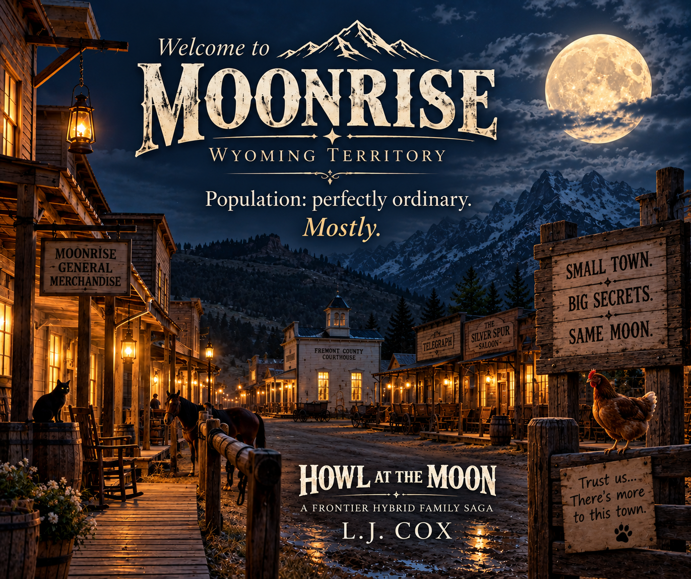 Moonrise, Wyoming Territory — a moonlit frontier main street beneath snowcapped mountains