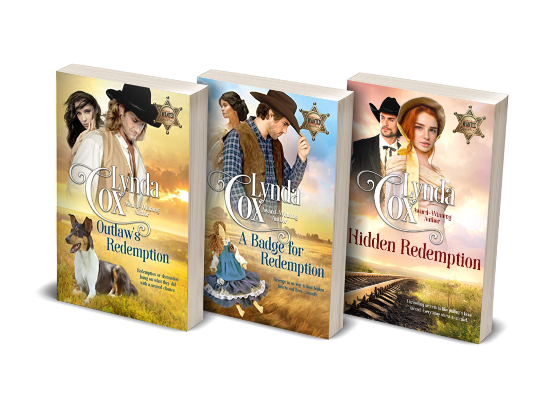 The three books of the Redemption Bluff series by Lynda J. Cox: Outlaw's Redemption, A Badge for Redemption, and Hidden Redemption