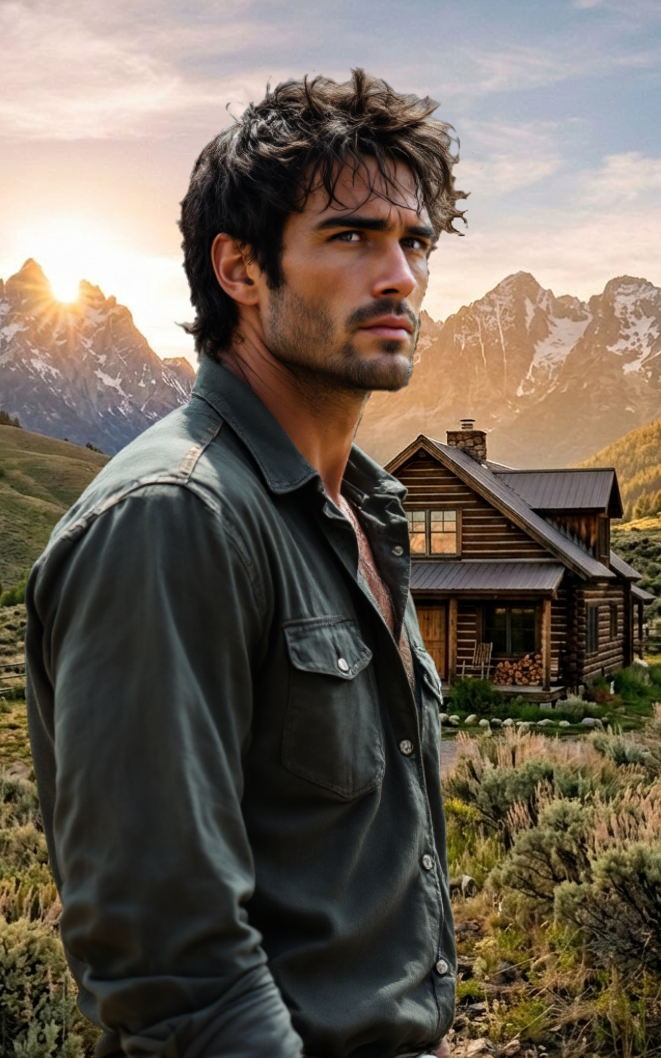Marcus stands before a rugged mountain ranch at sunset, the weight of the frontier in his gaze