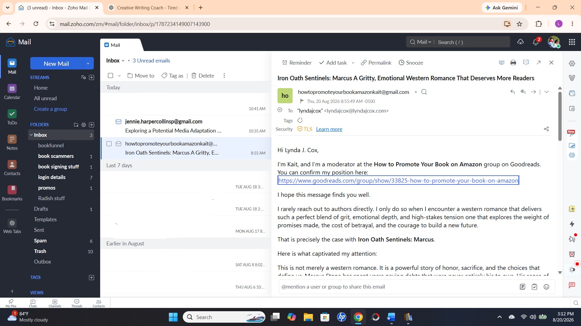 Screenshot of Kait's email opening, identifying herself as a Goodreads moderator