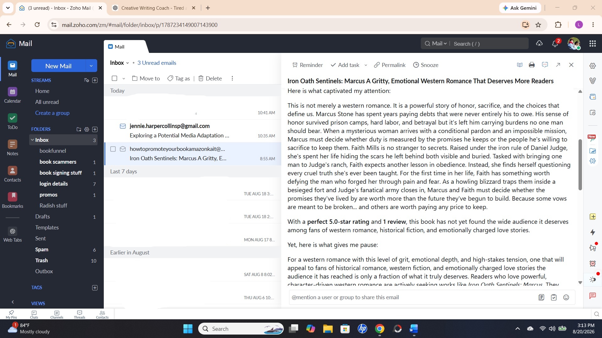 Screenshot of Kait's marketing pitch and list of promised services