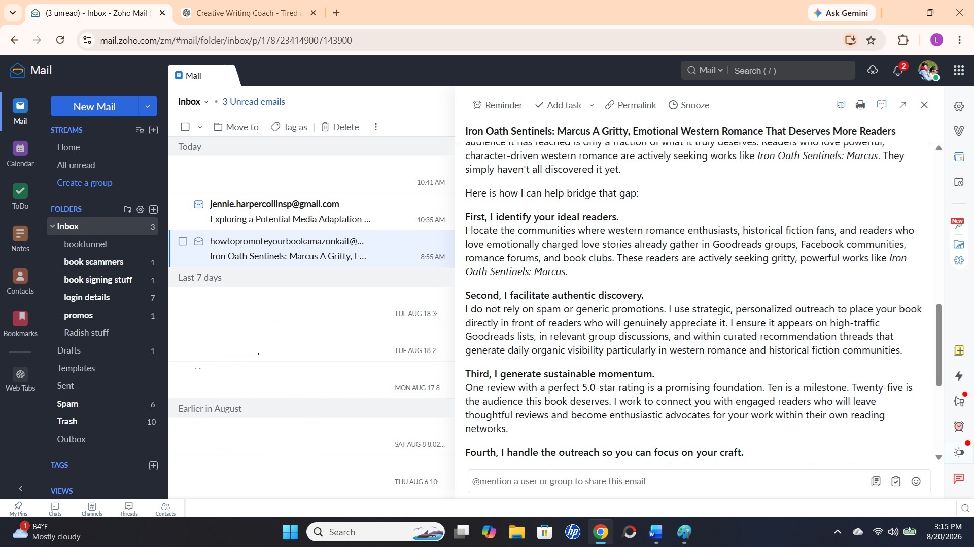 Screenshot of the credential section and Goodreads group link in Kait's email