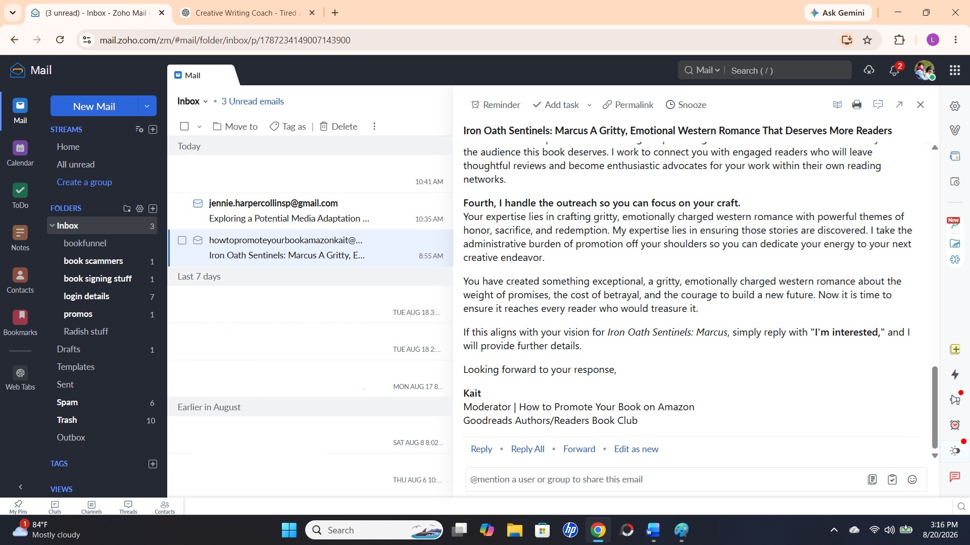 Screenshot of the closing section of Kait's email promising reviews and audience growth
