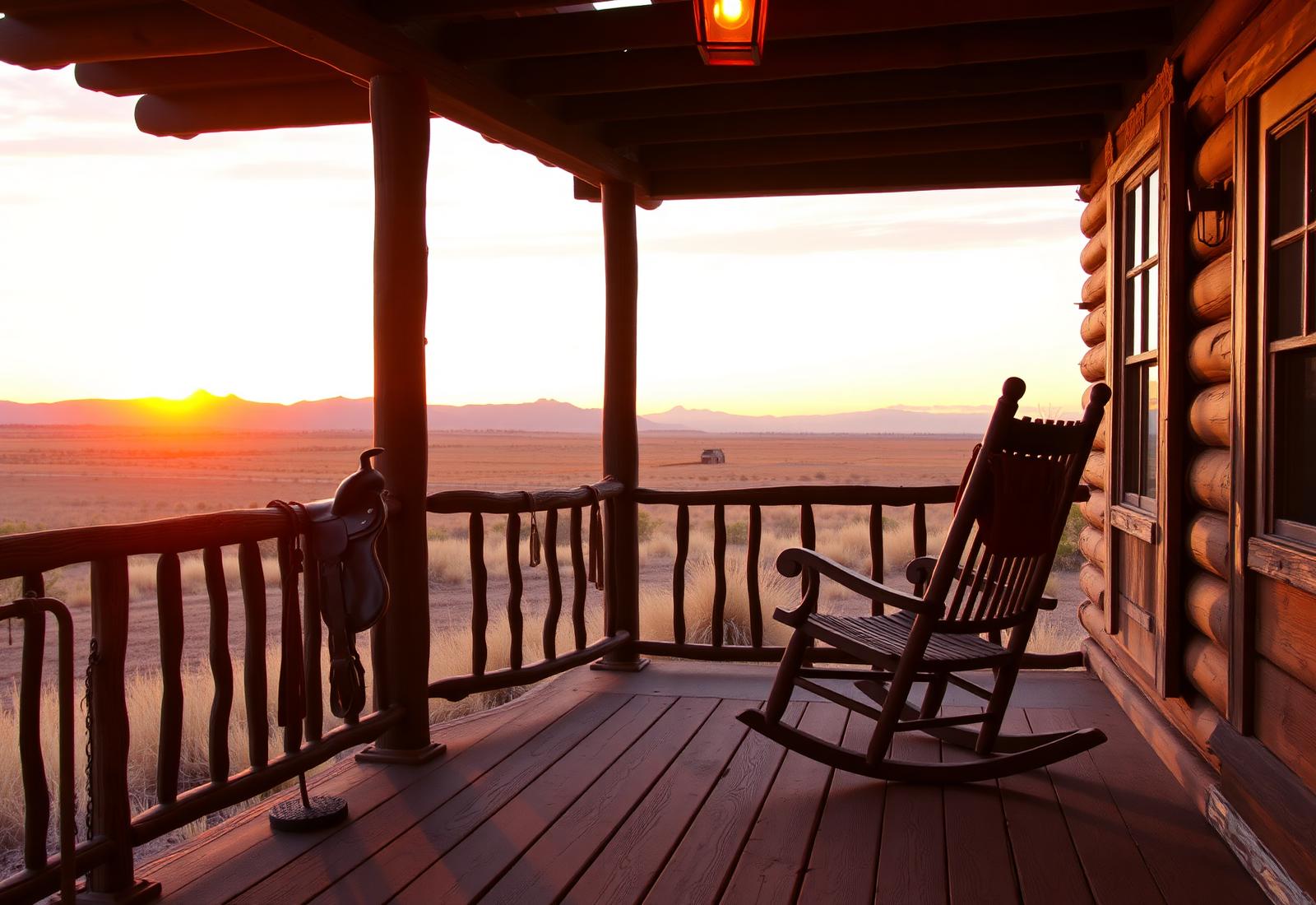 A Western ranch porch at sunset with a rocking chair and saddle